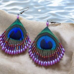 Sale! Natural beaded peacock feather earrings